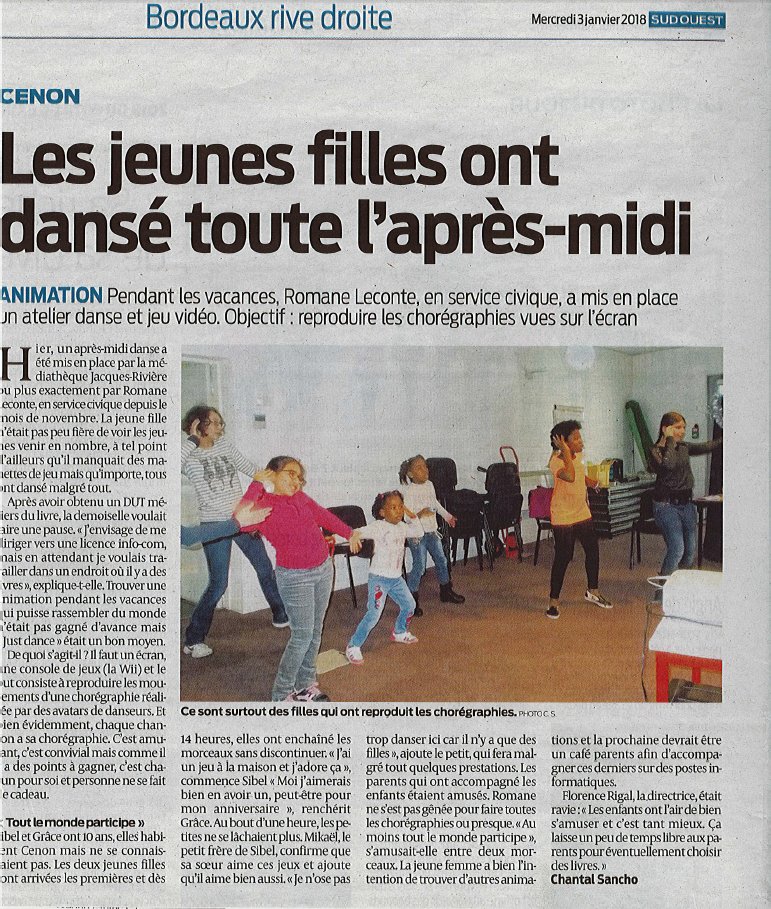 Félicitations à Romane, volontaire en <a href="/ServiceCivique/">Service Civique</a> sur le programme <a href="/D_Codeurs_33/">D-Codeurs Gironde</a>  avec <a href="/LaLigue33/">La Ligue 33</a> pour la réussite de son atelier "danse et jeux vidéos" à la #médiathèque de <a href="/VilledeCenon/">Ville de Cenon</a> ! #numérique #jeuvidéo #justdance
