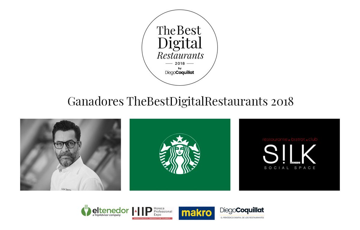 🏆 FELICIDADES a los primeros ganadores de la primera edición de los premios The Best Digital Restaurants 🏆  

🥂 <a href="/QiqeDacosta/">Quique Dacosta 🪼🍊</a> Mejor Chef Digital 2018
☕ <a href="/starbucks_es/">Starbucks España</a> Mejor Cadena Rtes. Digital 2018
🍽 <a href="/silkandsoya/">Silk</a> Mejor Rte. Independiente Digital 2018

#TheBestDR18 #HIP2018