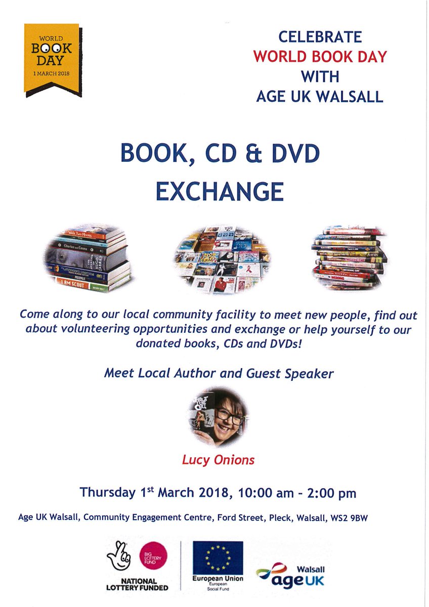 1 week till <a href="/AgeUKWalsall/">Age UK Walsall</a> celebrate #WorldBookDay. There's still time to donate old Books, CD's or DVDs. Drop them off at our Engagement Centre, Ford Street Walsall WS2 9BW . Come along and meet a local author.See attached for further details <a href="/HoECF/">Heart of England Community Foundation</a> #biglotteryesf #HoEcomMatters