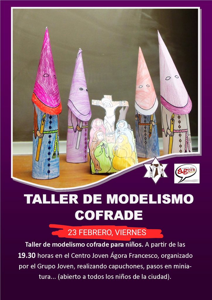 Este viernes, nuestro Grupo Joven organizará una actividad  de modelismo cofrade abierto a todos los niños.
Hora: 19.30h
Lugar: Centro Ágora (claustro de Santo Domingo).
¡Os esperamos!