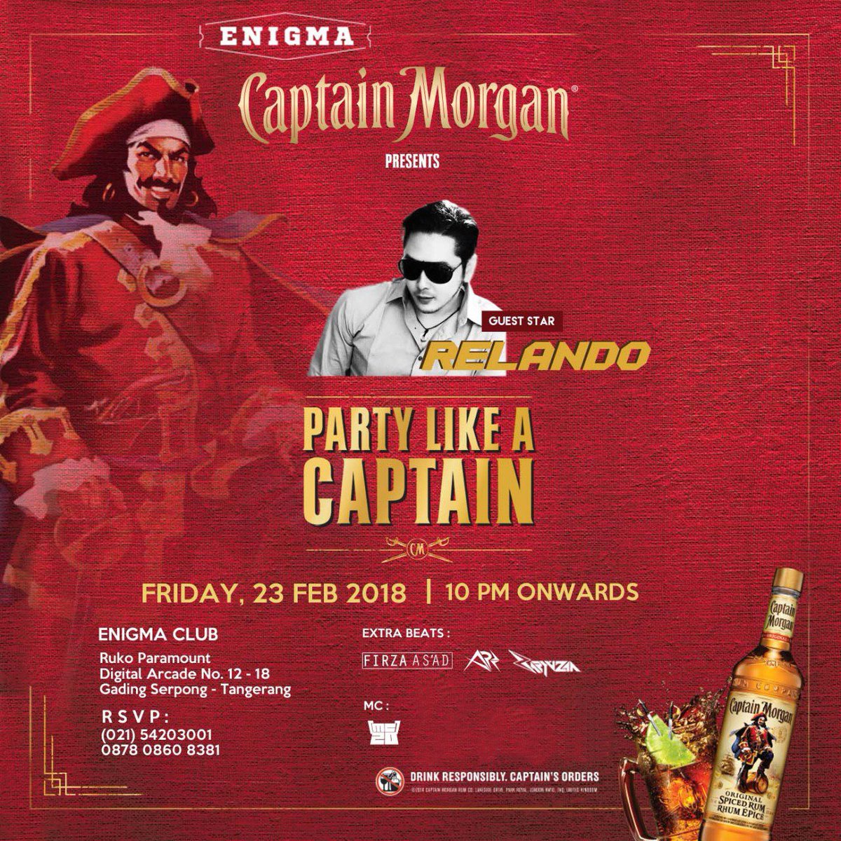ENIGMA_SERPONG's tweet photo. Enigma Club &amp; Captain Morgan proudly presents :  PARTY LIKE CAPTAIN! With DJ RELANDO this Friday, February 23rd 2018! Starts from 10 PM onwards✨🎉
.
First Drink Charge: IDR 100.000 for 1 serving of Bintang/Heineken/Guiness/Smirnoff Vodka/Captain Morgan Rum/JW Red Label Whisky https://t.co/paLI1894eq