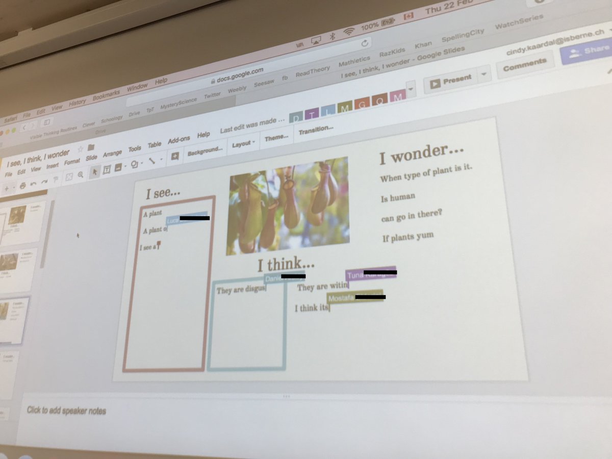 innovative_inq's tweet photo. Ss loved collaborating this morning on a Google Slides version of I see, I think, I wonder while tuning in to our new #HTWW unit. We aren't quite finished but they are eager to add more! #pyptech #inquiry #pypchat #edtech #googleEDU #appleteacher https://t.co/SyKqKN7l7B