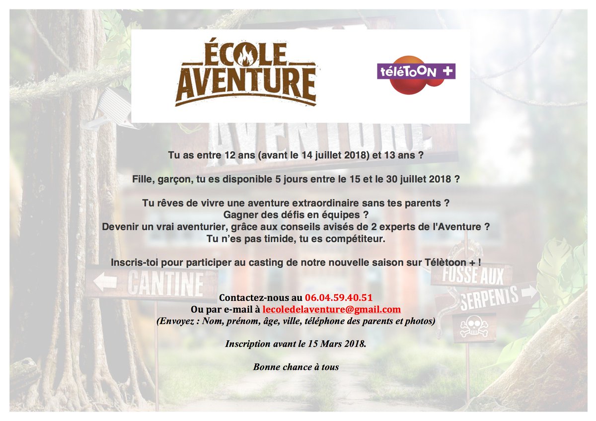 CASTING : ECOLE AVENTURE - SAISON 3 !!!!
Bonjour, 
N'hésitez pas à partager 😀 💪🎬
#casting #TV #ecoleaventure #teletoon #jimprod <a href="/Laurentmaistret/">Laurent Maistret</a> <a href="/TeheiuraTEAHUI/">Teheiura Teahui</a>