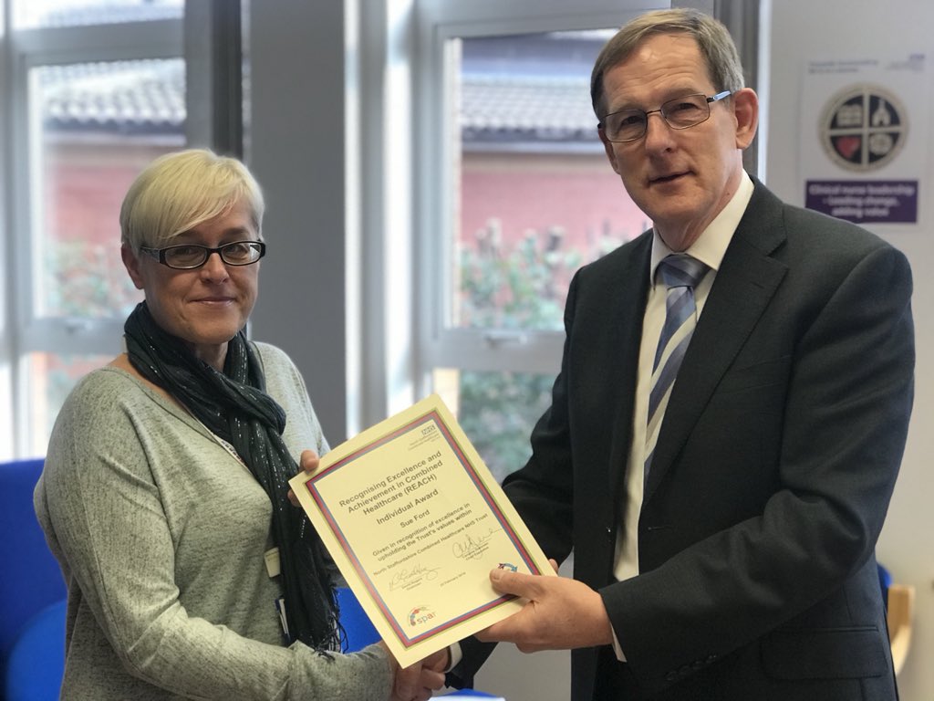 Proud at today’s Board meeting to present Sue Ford with an individual REACH Award and Nursing Badge for leading development of a new clinical pathway that has successfully tackled waiting lists for assessing young people for attention deficit hyperactive disorder.