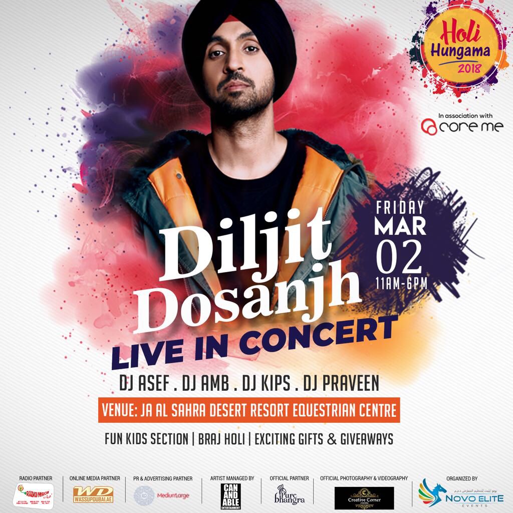 diljitdosanjh's tweet photo. 2nd MARCH 🌈 ES VAARI HOLI DUBAI CELEBRATE KARU DOSANJHANWALA 😊 With DUBAI FANS😊 HEAVYWEIGHT BHANGRE LAI READY STAEDY... Snapchat stories v Tikhian Kar Lao....😎 https://t.co/fHAZ4wySfu