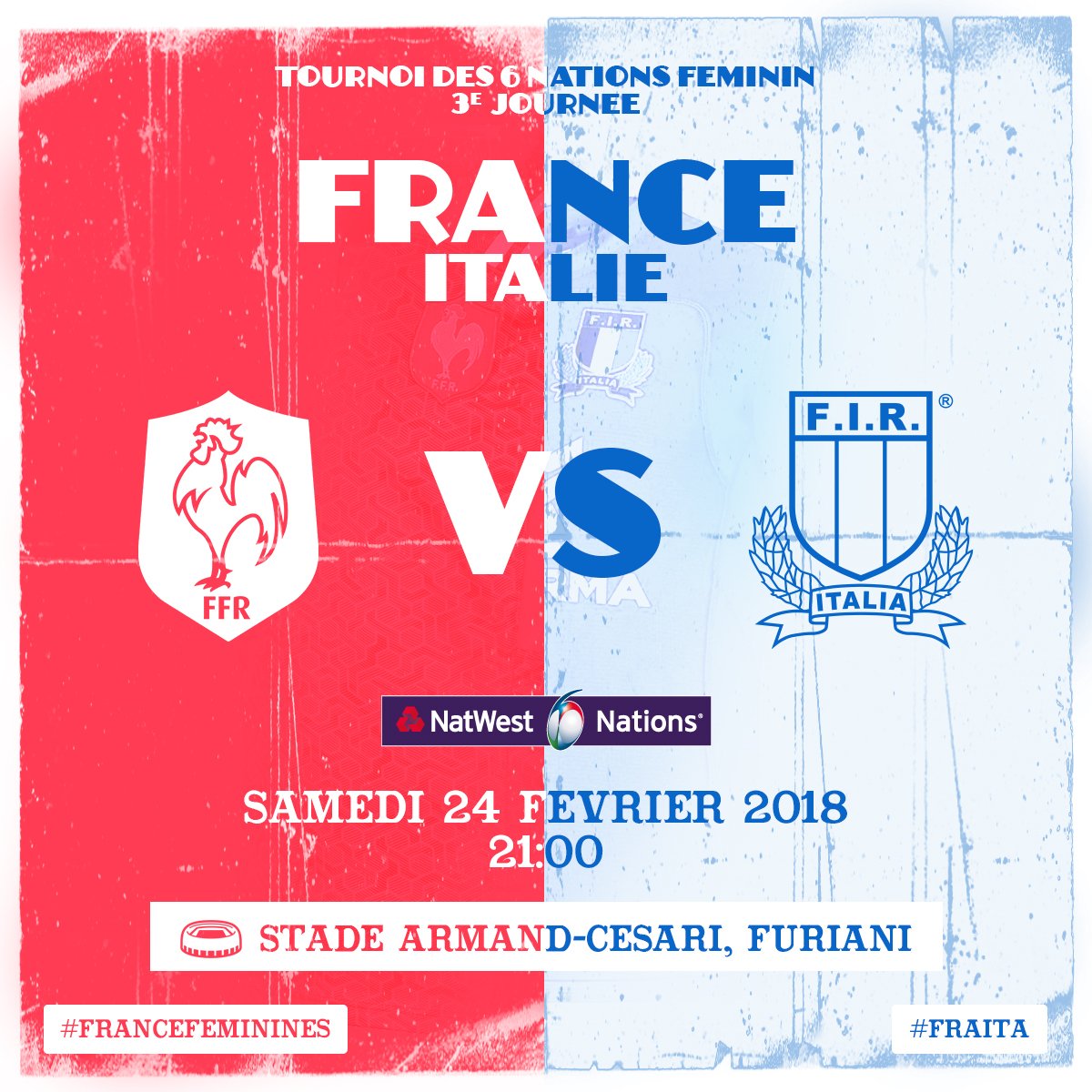 FranceRugby's tweet photo. JOUR DE MATCH pour l'équipe de #FranceFéminines !

🏆 @Womens6Nations 
3⃣e journée
🆚 @Federugby 
🕘 21:00
📍 Stade Armand-Cesari, Furiani
📺 @France4tv @francetvsport 
#⃣ #FRAITA #PrêtesAuCombat https://t.co/1rAxYUcGOh