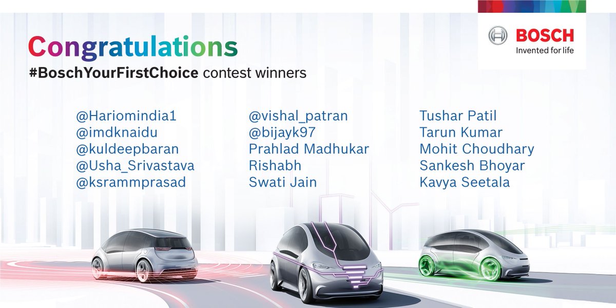 boschindia's tweet photo. Here are the winners of the #BoschYourFirstChoice #Contest. Congratulations!
Kindly DM us your address and contact details. A big thank you to all the participants. https://t.co/MPjnuCjZrt