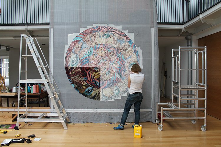 DovecotStudios's tweet photo. #TBT #ThrowbackThursday looks to a #behindthescense glimpse of the making of #Linder rug, shown at British Art Show 8 in 2016. Snag a spot on the Dovecot Behind the Scenes #tour to get a close up view of the #tufting frame, here: https://t.co/TCyxAz73oM #BAS8 https://t.co/Tw4puEj83s