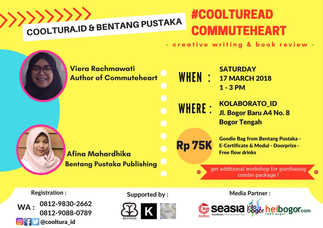 Acara A Saturdate with <a href="/cooltura_id/">cooltura_id</a> : #Coolturead (Workshop Menulis Kreatif &amp; Bedah Buku Commuteheart) with <a href="/vierachmawati/">viera rachmawati</a> &amp; <a href="/bentangpustaka/">Bentang Pustaka</a> Sabtu, 17 Maret 2018 (13.00-15.00) di <a href="/kolaborato_ID/">Kolaborato</a> HTM Rp 75.000 #madeinbogor