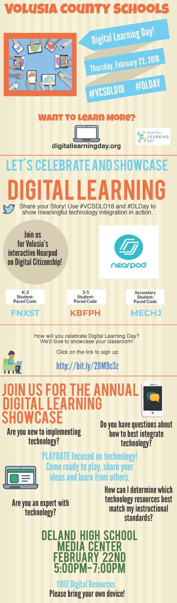 MJKestory's tweet photo. Today is Digital Learning Day 💻🎉 We’ll showcase innovative digital learning happening in @volusiaschools Follow the excitement #VCSDLD18 Followed by our 2nd annual P.L.A.Y.D.A.T.E @delandbulldogs 5-7 We hope to see you there!  @EricaBreunlin #VcsPLL #DLDAY  @jrussell_t #VCSPLL https://t.co/1BTXF53MZq