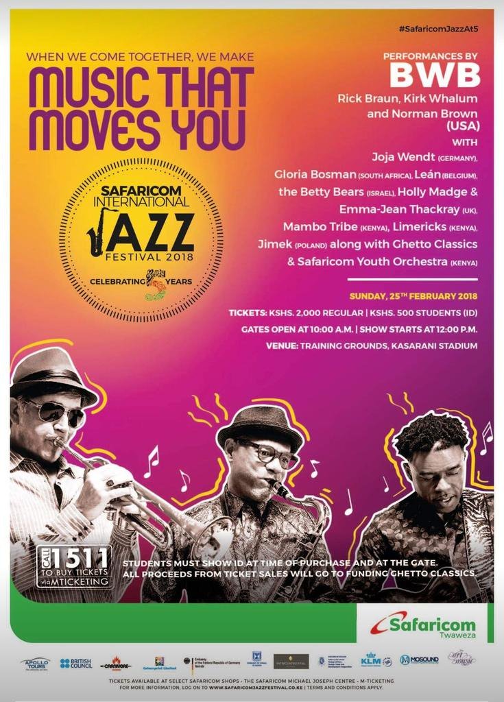 potentash's tweet photo. I also want to give away a pair of tickets to a true #SafaricomJazzAt5  fan.  Send me a picture of you at a past Safaricom #Jazz event with a creative caption for a chance to win these tickets #MusicThatMoves #LoveJazz https://t.co/iAGORnVgvz