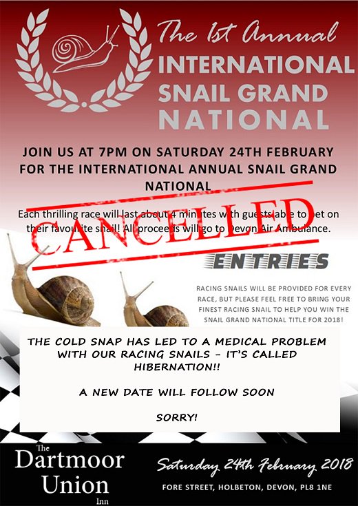 TheDUInn's tweet photo. Unfortunately due to our snails being extra sleepy we have had to cancel the snail racing championships this Saturday! We apologise and do hope to see you over the weekend regardless !! https://t.co/pjUc1B4hO6