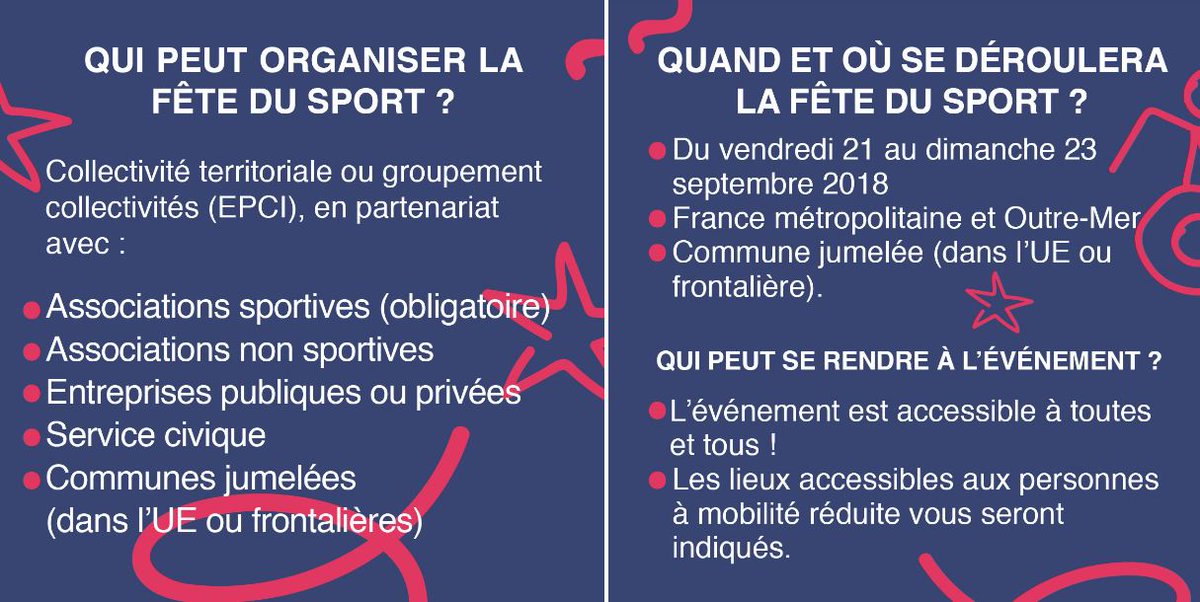 Agence_du_Sport's tweet photo. 🙌 Du 21 au 23 septembre 2018 aura lieu la première édition de la #FêteDuSport, dans toute la 🇫🇷 ! 🙌
Porteurs de projets, déposez votre dossier en ligne avant le 20 avril 2018 !
https://t.co/45XKqemOSY https://t.co/QlPXcAowd3