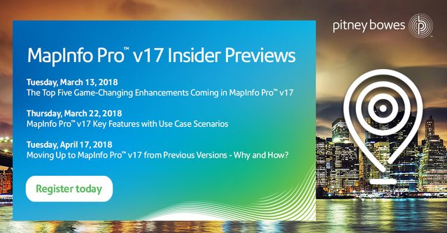 BartCasabona's tweet photo. Join us for a special preview of all the newest #MapInfo v17 features and enhancements coming your way #FreeYourGIS #GIS https://t.co/6lxvozGwqO #PBPartner https://t.co/aH5ILXQfPB