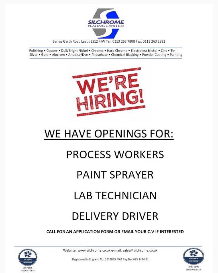 We’re hiring! #Job opportunities in #Leeds #jobs #recruitment #newstart #plating #painting #driving #labtechnician