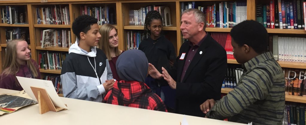 MuseMoore's tweet photo. Thank you to Superintendent Jett and @MayorDaveKleis for coming to our Overcoming Adversity Art Show. The students were honored to have you there, see their art and hear their research. #742Proud #middleschool #NCTE https://t.co/Sx5nbyGLb7