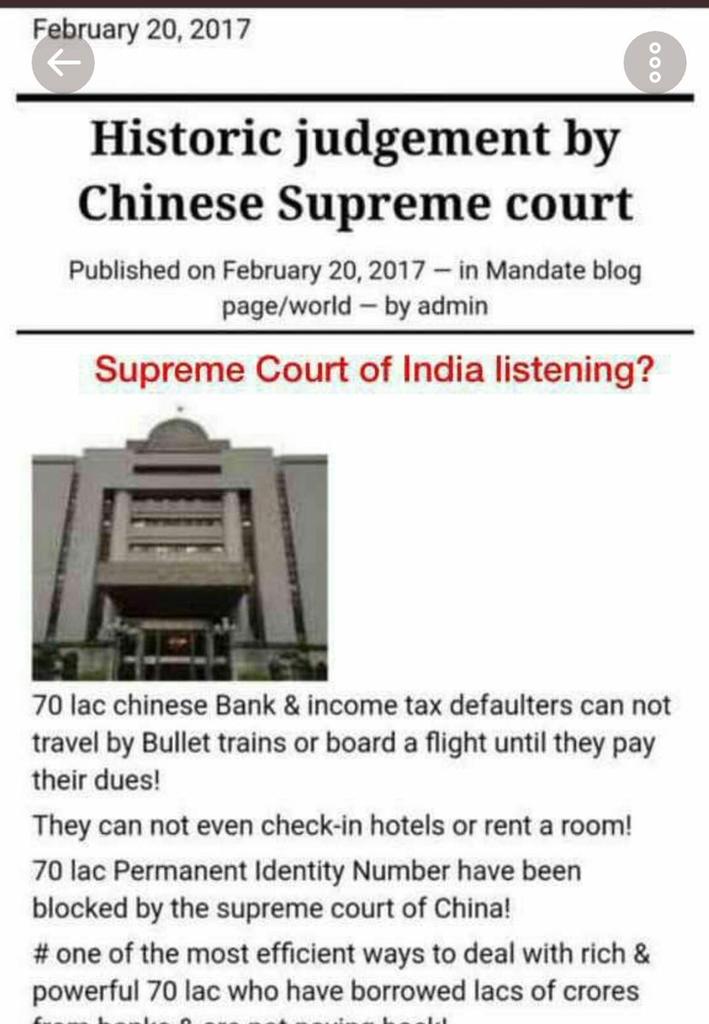GautamChakraba6's tweet photo. Historic Judgment by Chinese Supreme Court.
👉 70 lacks Chinese bank &amp; income tax defaulters cannot travel by bullet trains or flights &amp; Cannot book hotel room until they pay their dues
👉 70 lacks PAN has been blocked.
@narendramodi @arunjaitley @Swamy39
@sardanarohit https://t.co/6Z4SOXBR0M