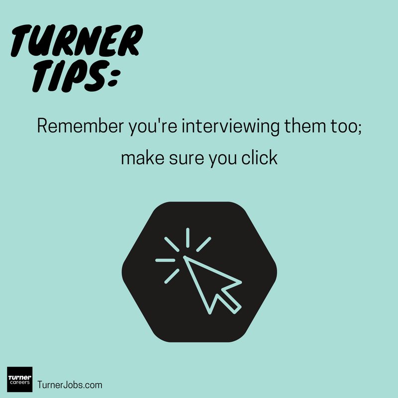 TurnerCareers's tweet photo. Heading to a #job #interview? Remember you're not the only one being interviewed--you're interviewing them too! If you don't click in the interview, you probably won't click at work. Trust yourself and go where you feel comfortable ☺️#InterviewTips #ThursdayThoughts https://t.co/XzpzzxEBFo