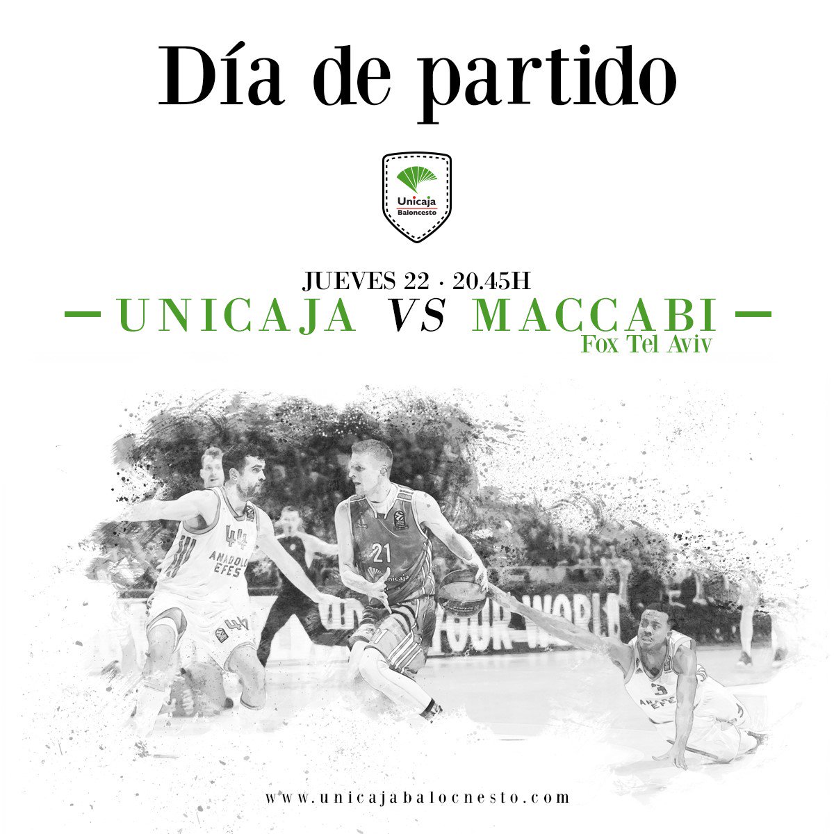 ⌚ 20:45    
🏆 J.23 <a href="/EuroLeague/">EuroLeague</a>    
🆚 <a href="/MaccabitlvBC/">Maccabi Tel Aviv BC</a>    

🏀Menos de 1000 entradas a la venta en el #FactorCarpena 
Puertas abiertas desde las 19:45h. 
Ven con antelación para evitar colas 

ENTRADAS| ➡ bit.ly/2odBKxb    
#YoSoyDelUnicaja #Joan302 💚💜💪