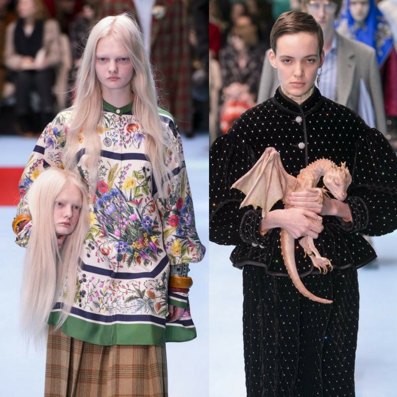 CBC_Center's tweet photo. Estos modelos de Gucci llevan como accesorios cosas tan sorprendentes como sus propias cabezas, dragones o reptiles, ¡y parecen MUY reales! 😨😨 #moda #fashion #tdsmoda #Sevilla https://t.co/ZaQs1SQb4Y https://t.co/wsGTPyI9ra