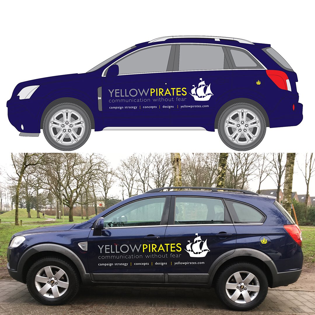 YellowPirates's tweet image. Binnenkort zou “Blauwbaard” met deze signing te zien kunnen zijn. Wat vinden jullie van het avontuurlijke ontwerp, hearties??? 🚙😉💪🏼. #branding #marketing #autosigning #hertgersreclame #chervolet #captiva  #marketingbureau #communicatiebureau #yellowpirates #deventer