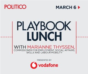 LivePOLITICO's tweet photo. POLITICO’s Brussels #PlaybookLunch w/ @mariannethyssen & @PoliticoRyan is happening on March 6. Watch Live from 12 PM and gain insight on #Europeanworkers’ rights and #EUpriorities to tackle workplace and #gender #inequalities. Livestream on: https://t.co/8u1HQ9hxJh https://t.co/ByGLQvlIvh