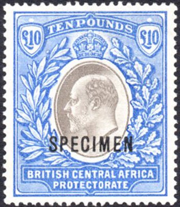 AfricaStamps's tweet image. 1903 £10 Specimen overprint from British Central Africa, which became #Nyasaland Protectorate in 1907. Another fine looking #stamp going to a new home later!