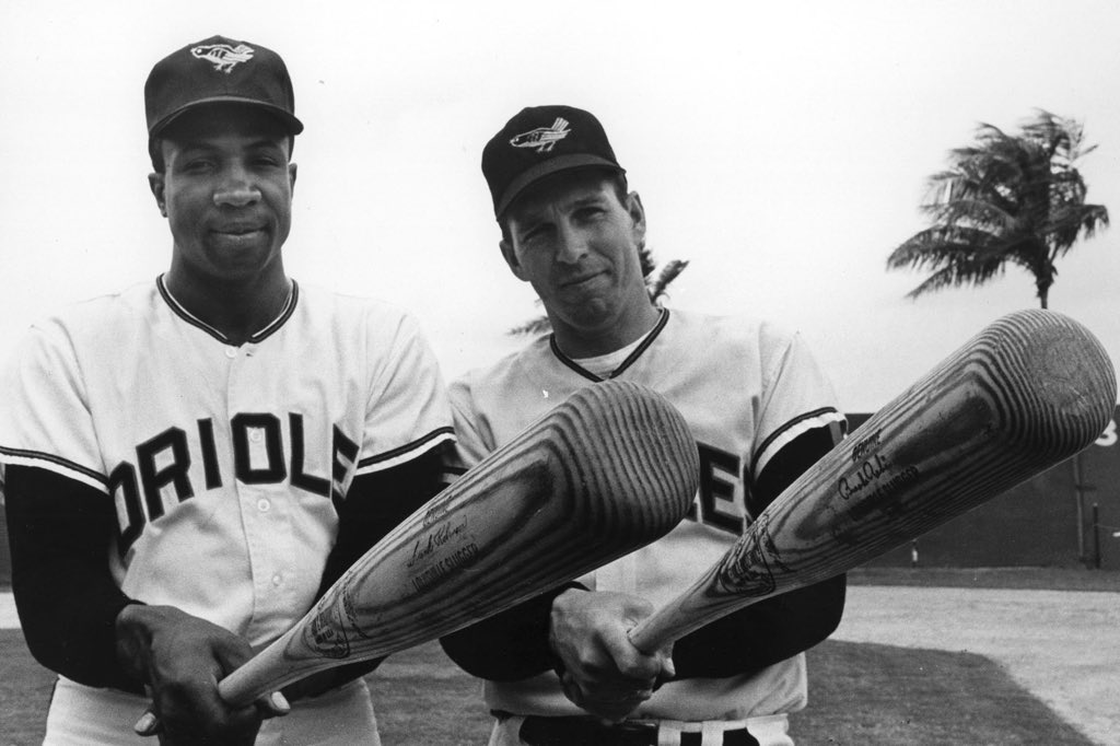 Orioles's tweet image. #OsThrowback to Spring Training 1966 in Miami, Fla. where Frank Robinson and Brooks Robinson pose for the first photo together as teammates. #tbt