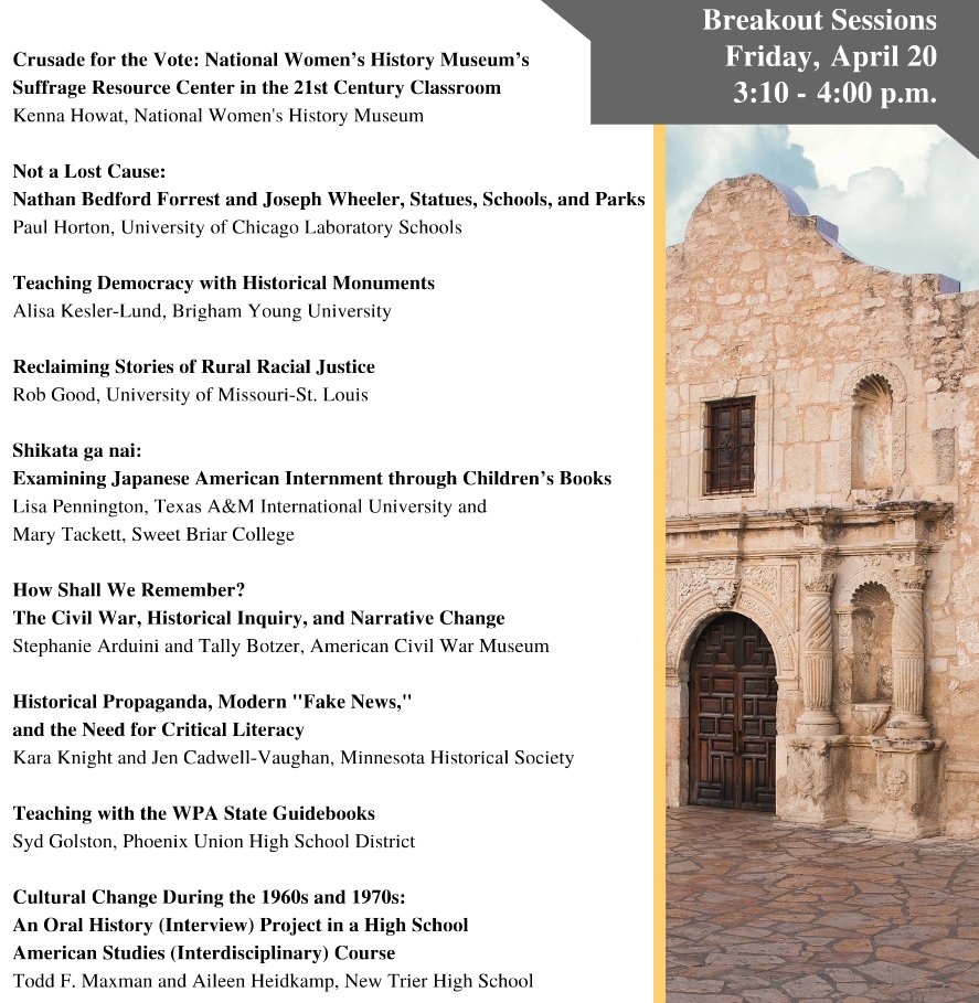 historyed's tweet photo. Here is a sample of some of the break-out sessions that you will find at the annual conference in San Antonio on "Myth, Memory, and Monuments." Register Now. #NCHE2018 https://t.co/TsGWIUmtPV https://t.co/Sk8awo0yaH