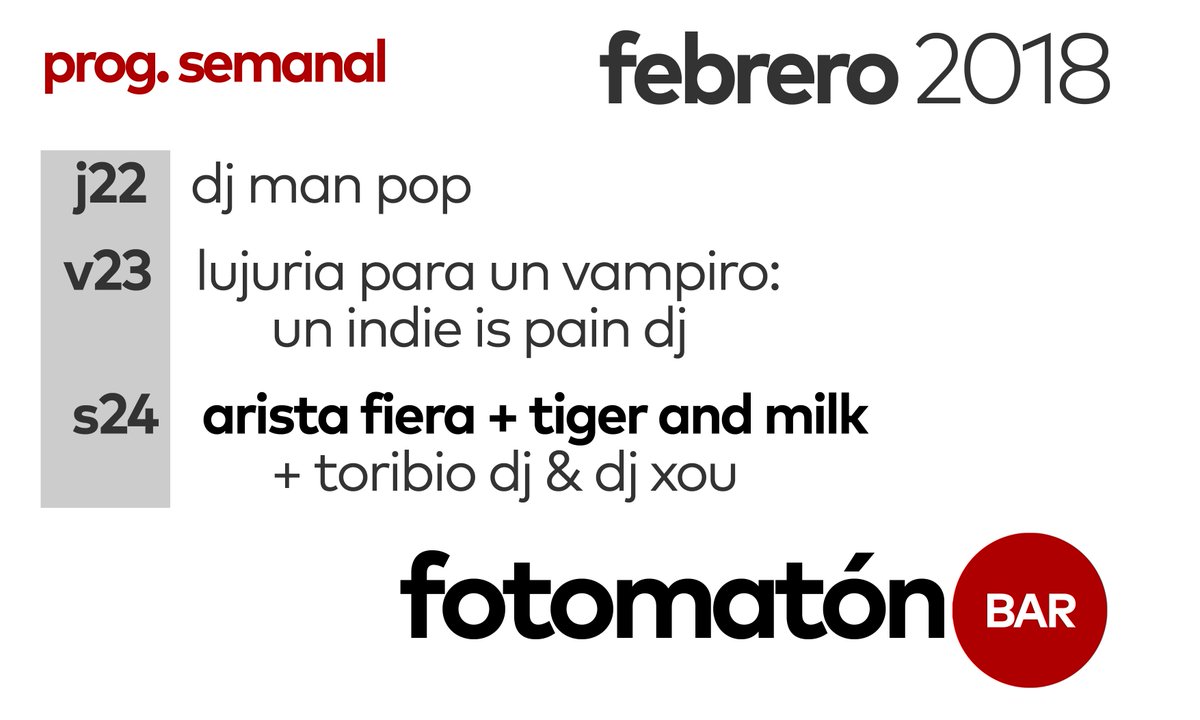 FotomatonBar's tweet photo. Aquí tenéis nuestra #programación semanal.
Hoy la abre, como bastantes #jueves, #DjManPop ¡Os esperamos! https://t.co/QRQuP5xgKt