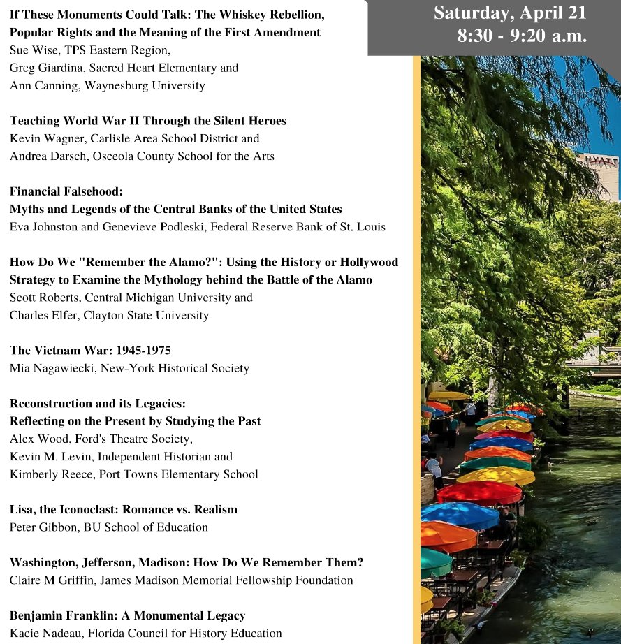 historyed's tweet photo. Here is a sample of some of the break-out sessions that you will find at the annual conference in San Antonio on "Myth, Memory, and Monuments." Register Now. #NCHE2018 https://t.co/TsGWIUmtPV https://t.co/Sk8awo0yaH