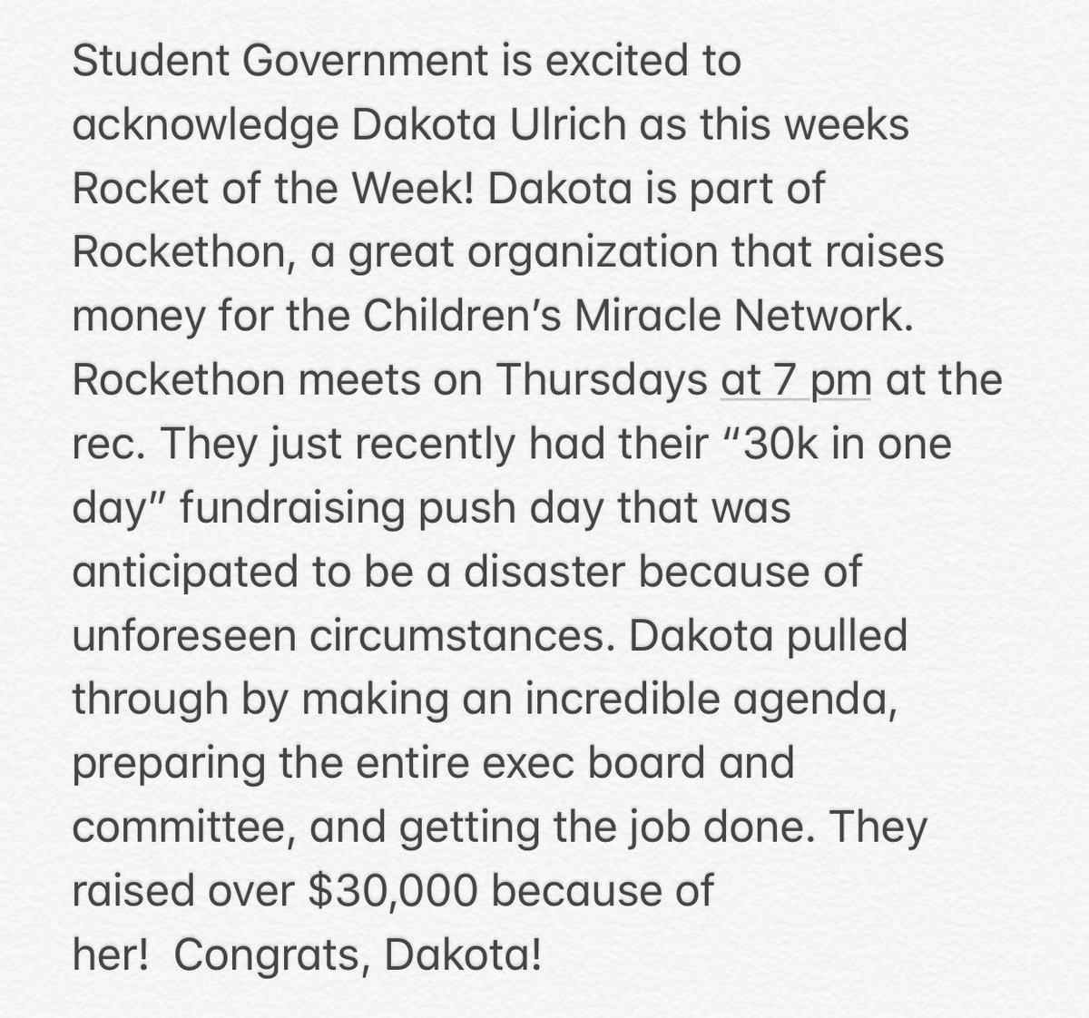 UtoledoSG's tweet photo. The Rocket of the Week, is Dakota Ulrich! On behalf of Student Government we all would like to thank you for your hard work on campus and in the community! 🚀 #RocketoftheWeek https://t.co/FFR6MgEH53