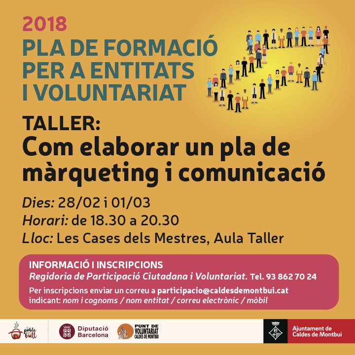 AjCaldesMontbui's tweet photo. L’Ajuntament organitza, el 28 de febrer i l’1 de març, de 18.30 h a 20.30 h, una formació adreçada a les entitats sense ànim de lucre: Com elaborar un pla de màrqueting i comunicació. Inscripció gratuïta: participacio@caldesdemontbui.cat https://t.co/Pju7ho3uvG