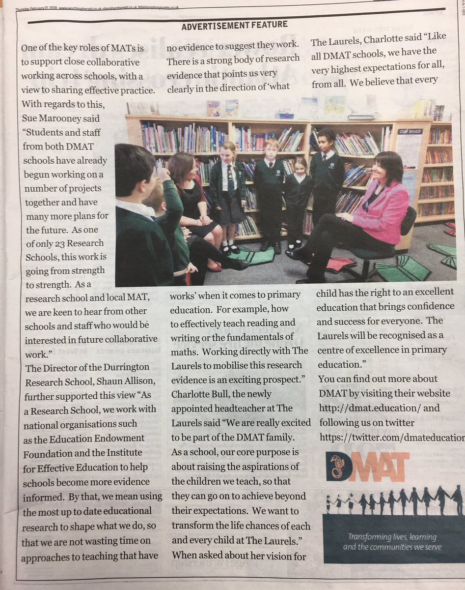 dmateducation's tweet photo. Article in the @Worthing_Herald today about @LaurelsPrimary joining DMAT - exciting times! https://t.co/LN6LX1gZaJ