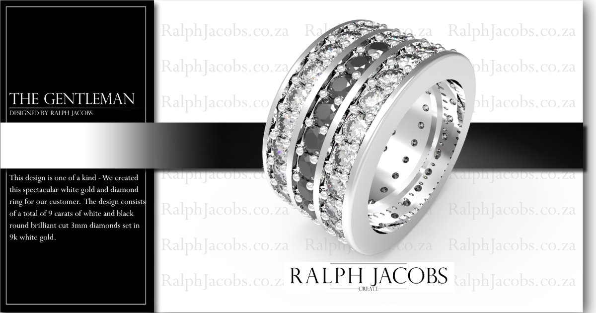 RalphJacobsSA's tweet photo. THE GENTLEMAN; This design is one of a kind - We created this spectacular white gold and diamond ring for our customer. The design consists of a total of 9 carats of white and black round brilliant cut 3mm diamonds set in 9k white gold. #ralphjacobs #ralphjacobssa #myrj https://t.co/u4hiOxVVYO