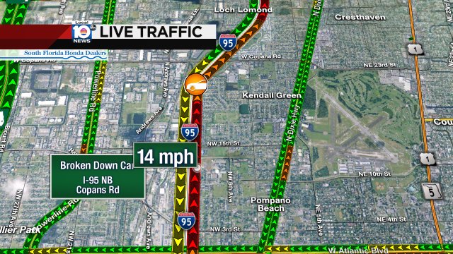 Broken down car on I-95 NB at Copans Rd has a center lane blocked & causing heavy delays #traffic https://t.co/H2WCugTGnX