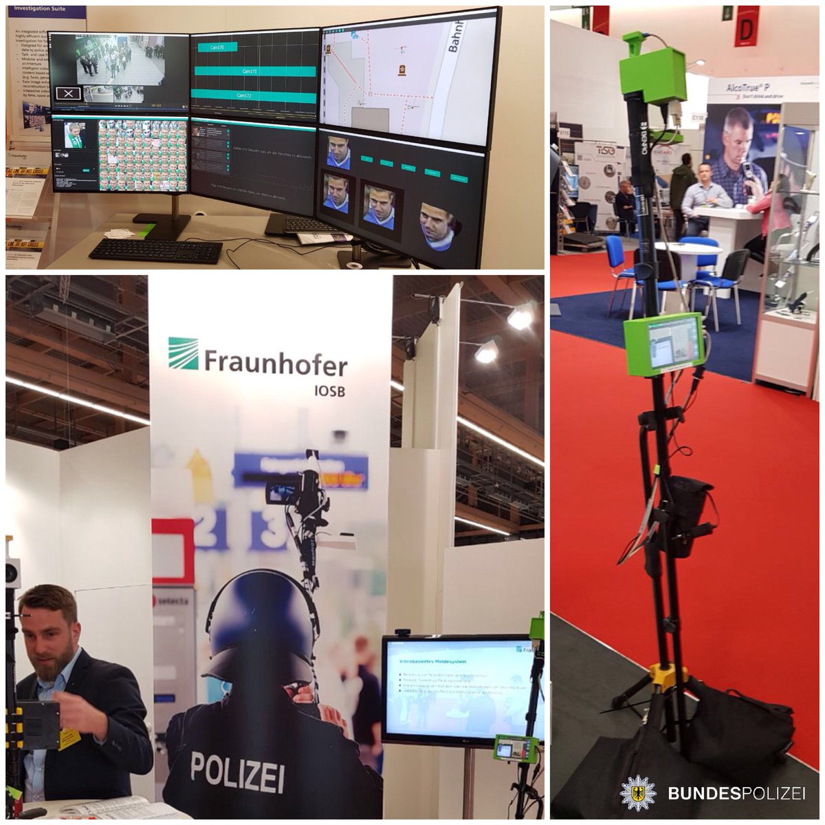 bpol_bepo's tweet photo. Auf der diesjährigen #GPEC2018 stellte @Fraunhofer in Zusammenarbeit mit der #Bundesbereitschaftspolizei ein Forschungsprojekt zur effektiveren Beweissicherung und Auswertung von Bildmaterial bei Großveranstaltungen vor. https://t.co/DeINrJCMDq