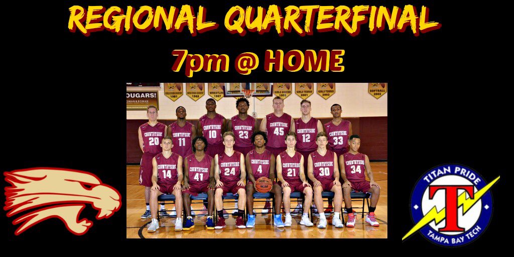 Playoff time! Come out and pack the gym as your Cougars host <a href="/TBTHSBasketball/">TBTBasketball</a> in a rematch of last years Quarterfinal matchup. @RodneyHomeTeam <a href="/FryeChuck/">Chuck</a> <a href="/SuncoastNews/">Suncoast News</a> @BobbyHomeTeam <a href="/JakePerper/">Jake Perper</a> @HSSportsFlorida @TBHomeTeam <a href="/franzenj07/">Coach Jason Franzen</a> <a href="/Knowledge_UCG/">Kris Belvis</a> <a href="/soccercougars17/">Lady Cougars Soccer</a> <a href="/alklemmer/">Anthony Klemmer</a>