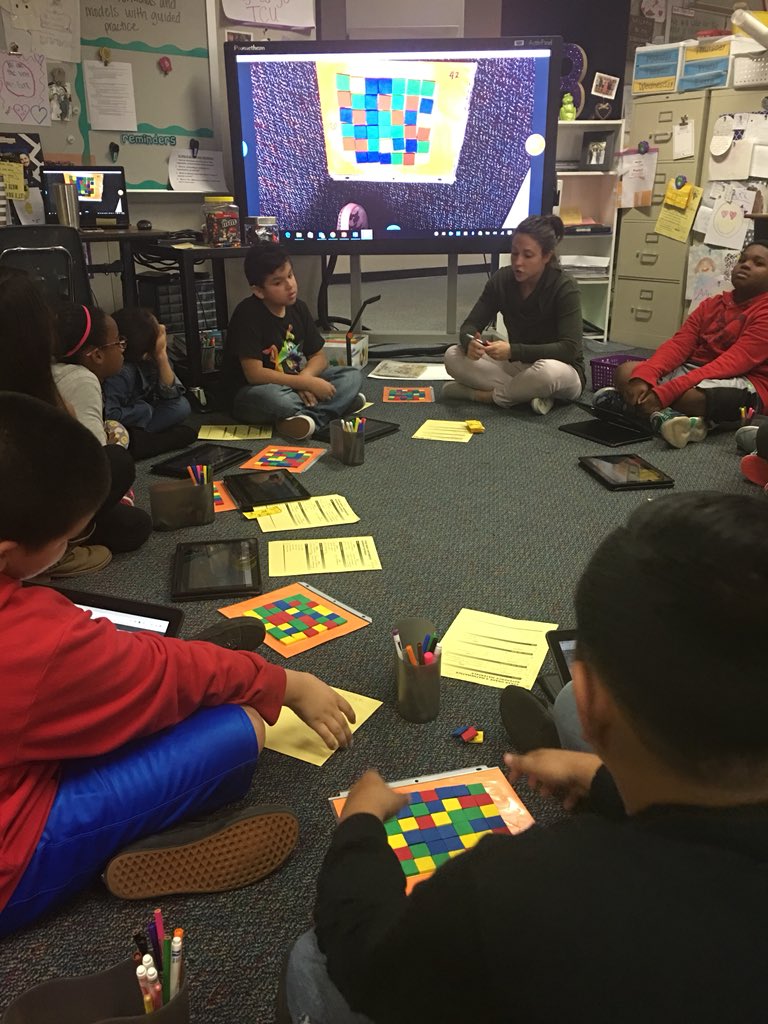 HairgroveCFISD's tweet photo. Learning about perimeter and area with color tiles and @ClassFlow. A winning combination! @cfisdmath @dmk10211 @lauratxrose @Promethean #4thgrade https://t.co/YCWiZKog3j