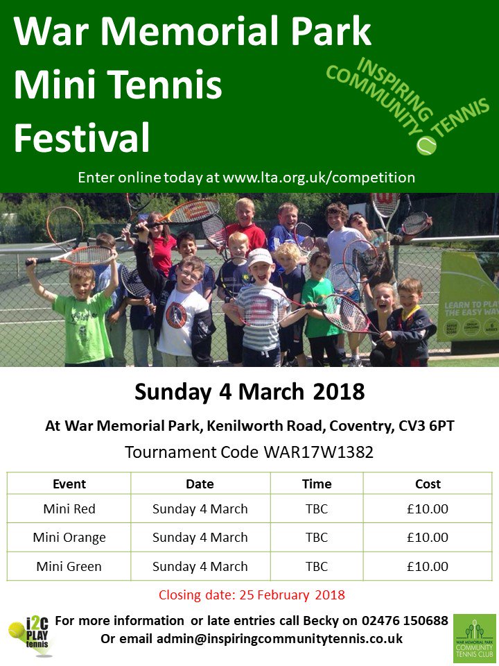 ICTTennis's tweet photo. Just 3 days left to enter the War Memorial Park Mini Tennis Festival on Sunday 4th March. Enter online now at https://t.co/WD6VCJlVIo https://t.co/xp1KUspV2Y