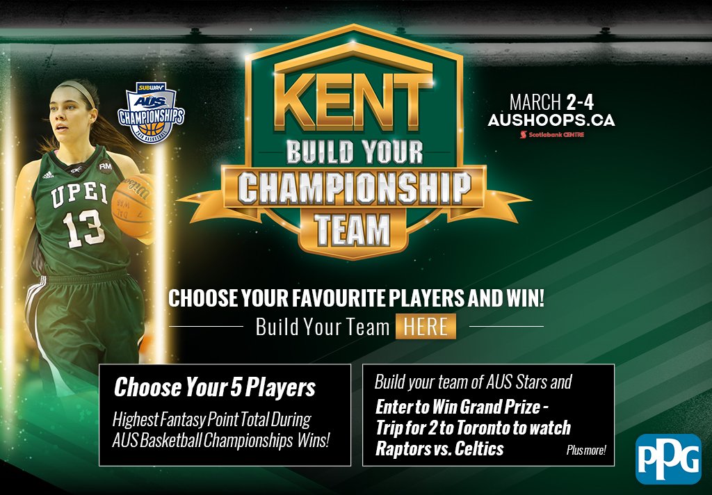 AUS_SUA's tweet photo. Calling all @UPEIPanthers fans! Have you signed up for the @KentAtl Build Your Championship Team contest yet? @kierarigby is the most added Panther so far! Sign up now at https://t.co/KVhHPYhijO for a chance to win a trip for 2 to Toronto to see the Raptors! 🏀🏆🔥 https://t.co/cfcs0C1hAl