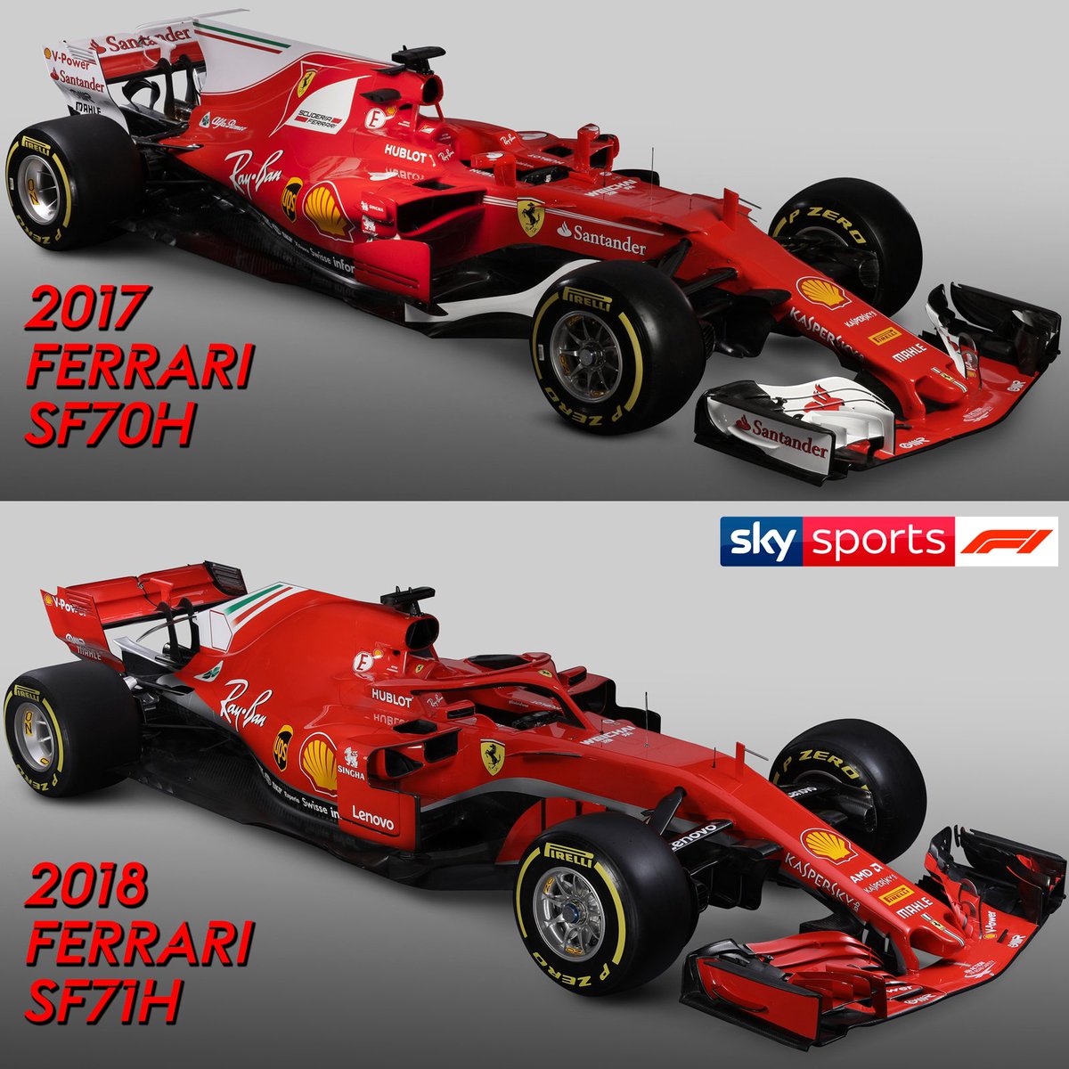 SkySportsF1's tweet photo. The 2017 Ferrari SF70H and the 2018 Ferrari SF71H compared #SkyF1 #F1 #Ferrari https://t.co/QzKLIWak5v