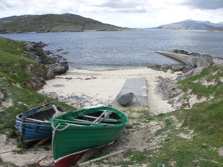 Outer Hebrides A-Z (I) - Isle of Scarp from Hushinish West Jetty on the Isle of Harris. Once inhabited, Scarp was the scene of unsuccessful experiments with rocket mail, since commemorated in two films.