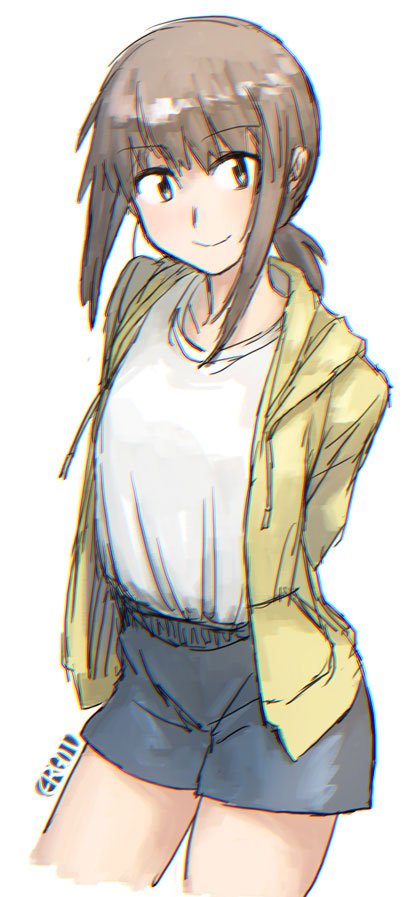 fubuki (kancolle) 1girl solo shorts jacket white background simple background ponytail  illustration images