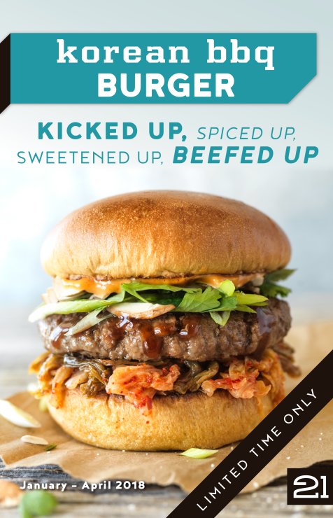 The featured #21 Korean BBQ Burger will give you that kick of flavor you've been dreaming of! Full description: burger21.com/menu
