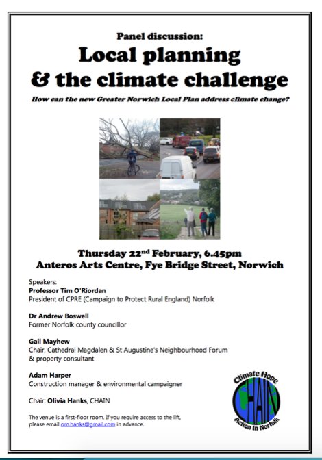 CHAIN_NorfolkUK's tweet photo. Tonight! 22nd Feb @AnterosArts
Panel discussion + Q&A
How can Greater #Norwich Local Plan #gnlp can address #climatechange
@livvyhanks @Andrew9Boswell @CPRENorfolk
Details & tickets (free) ~>https://t.co/vHT7jjMM8F https://t.co/guUCpz1Y0b