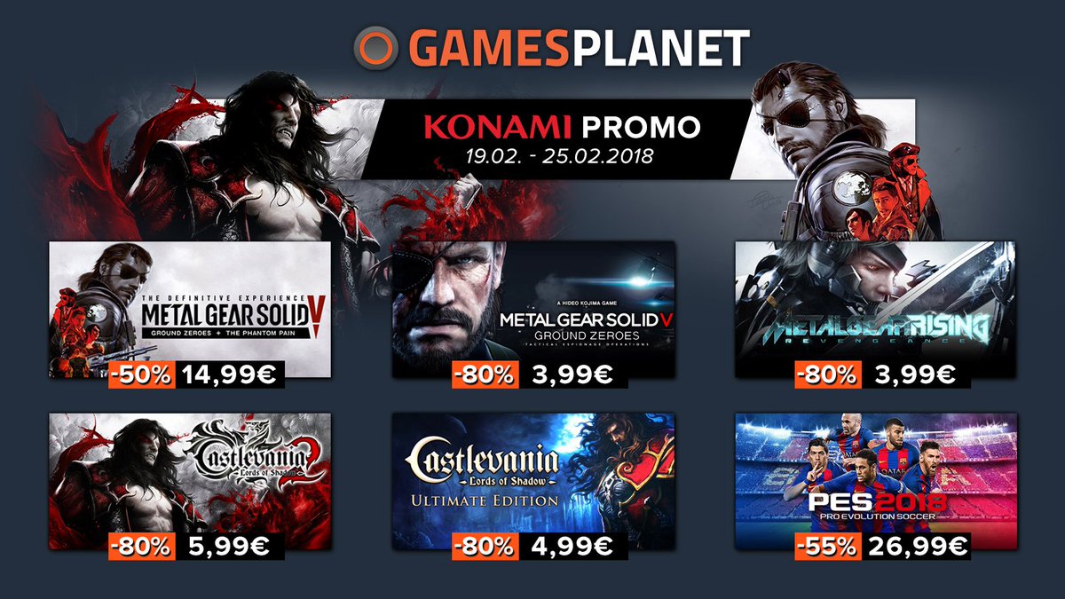 En parallèle de la sortie de #MetalGearSurvive, nous vous proposons une promotion <a href="/KONAMIFR/">KONAMI France</a> allant jusqu'à 80% de réduction sur #MetalGear Solid, #Castlevania et #ProEvolutionSoccer !

►fr.gamesplanet.com/promo/konami

Valable jusqu'au 25 février inclus.