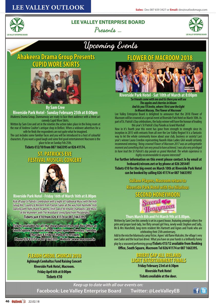 Don't forget to pick up your copy of the Lee Valley Outlook which is out now!😁

Check out our page for info on upcoming shows at Riverside Park Hotel including the visits of Ahakeera Drama Group &amp; Sullane Players, Macroom!👌 #LocalShows