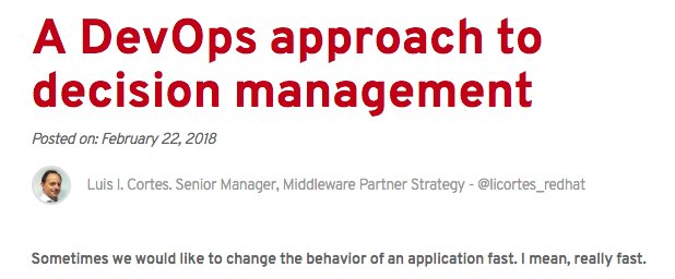 licortes_redhat's tweet photo. Decision management goes to a whole new level with DevOps | #DevOps #JBoss #OpenShift #Containers #MSA #CloudNative #brms #BPM @RedHatPartners @RHTPartnersEMEA  https://t.co/r8mFT9Jn51 https://t.co/uocKmOw8JD