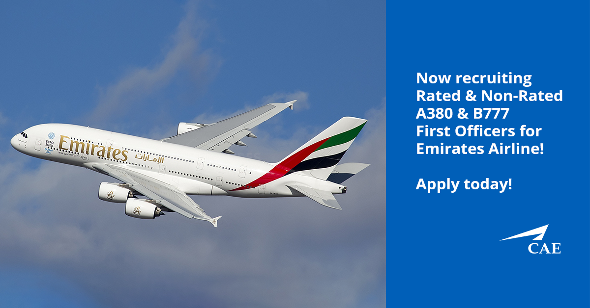 caeparcaviation's tweet photo. We’re now recruiting First Officers for Emirates Airline across their fleet! Get in touch today if you’d like to make the move to beautiful Dubai and fly an all wide-bodied fleet to over 155 destinations around the world. https://t.co/YaHavf9mb0
#Pilot #pilotjobs #emiratesjobs https://t.co/PNGNhjVSUY